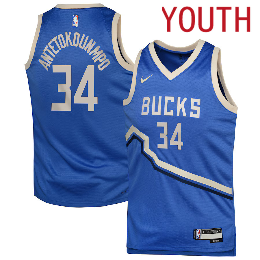 Youth Milwaukee Bucks #34 Giannis Antetokounmpo Nike Royal City Edition 2024-25 Swingman Player NBA Jersey->milwaukee bucks->NBA Jersey